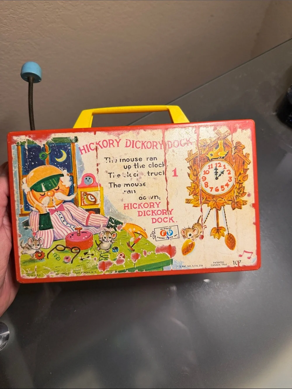 Vintage 1960-1970 Fisher-Price Yellow Musical Clock Toy with Red Dial